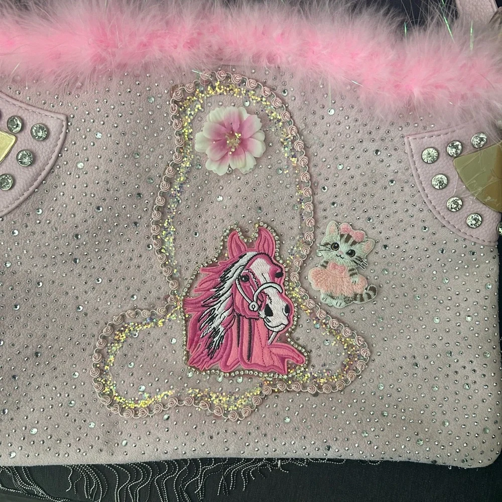 Horse & Kitten Handmade Pink Tote Bag w Rhinestones & Boa  = New